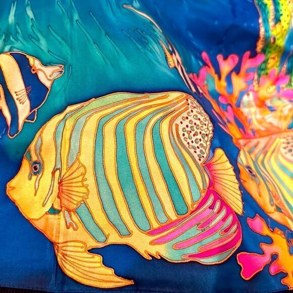Vintage Lee Caldwell hand painted silk mtropical fish ocean scarf fabulous - Picture 7 of 15